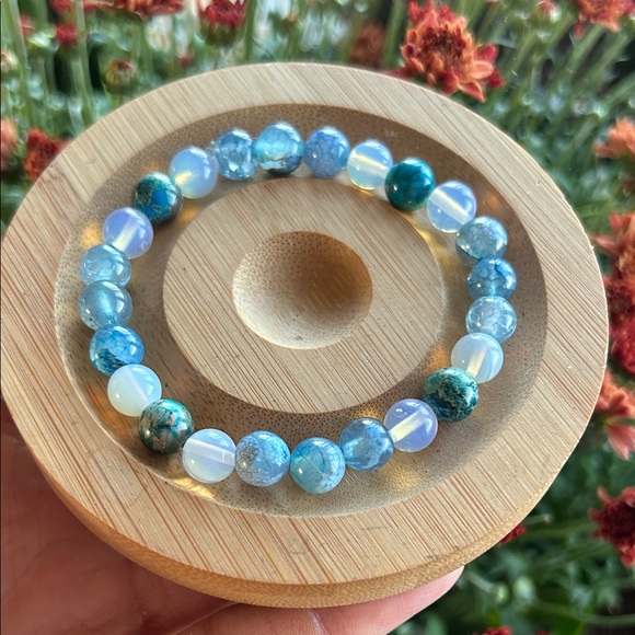 Handmade Sea Sediment Jasper + dyed Blue Agate + Opalite Beaded Bracelet * - Picture 3 of 3